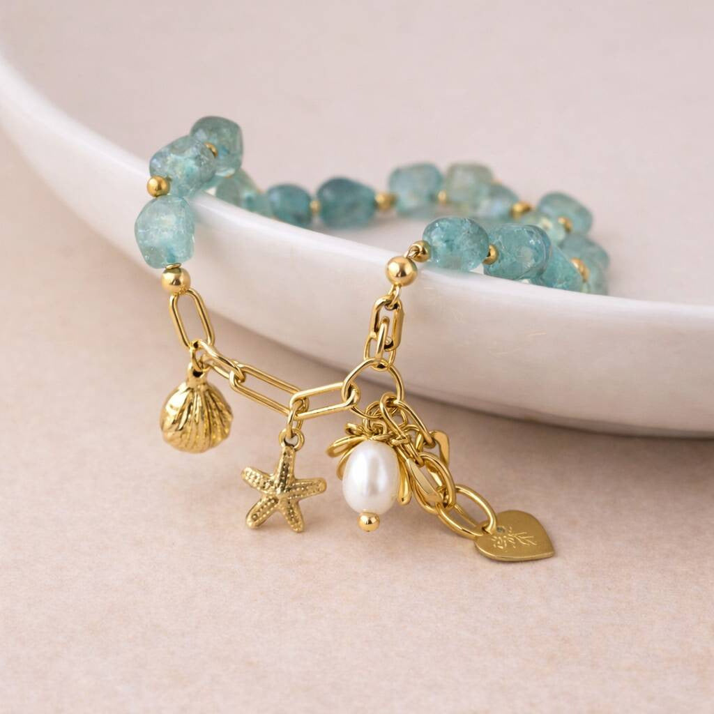 Shell and Stone Beaded Bracelet — gold bracelet, view 4