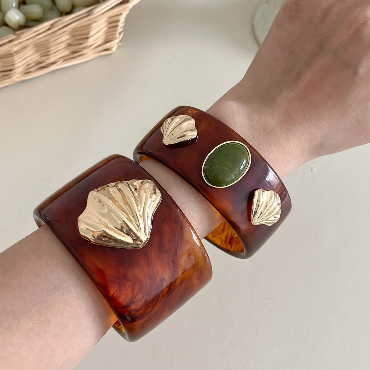 Shell Bead Geometric Wide Bangle — bracelet, view 3