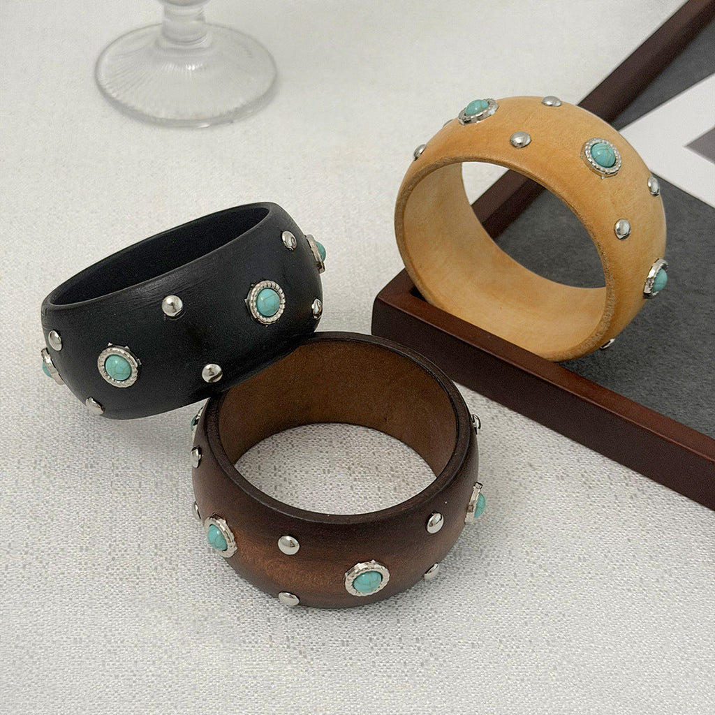 Studded Wood Wide Bangle — bracelet, view 2