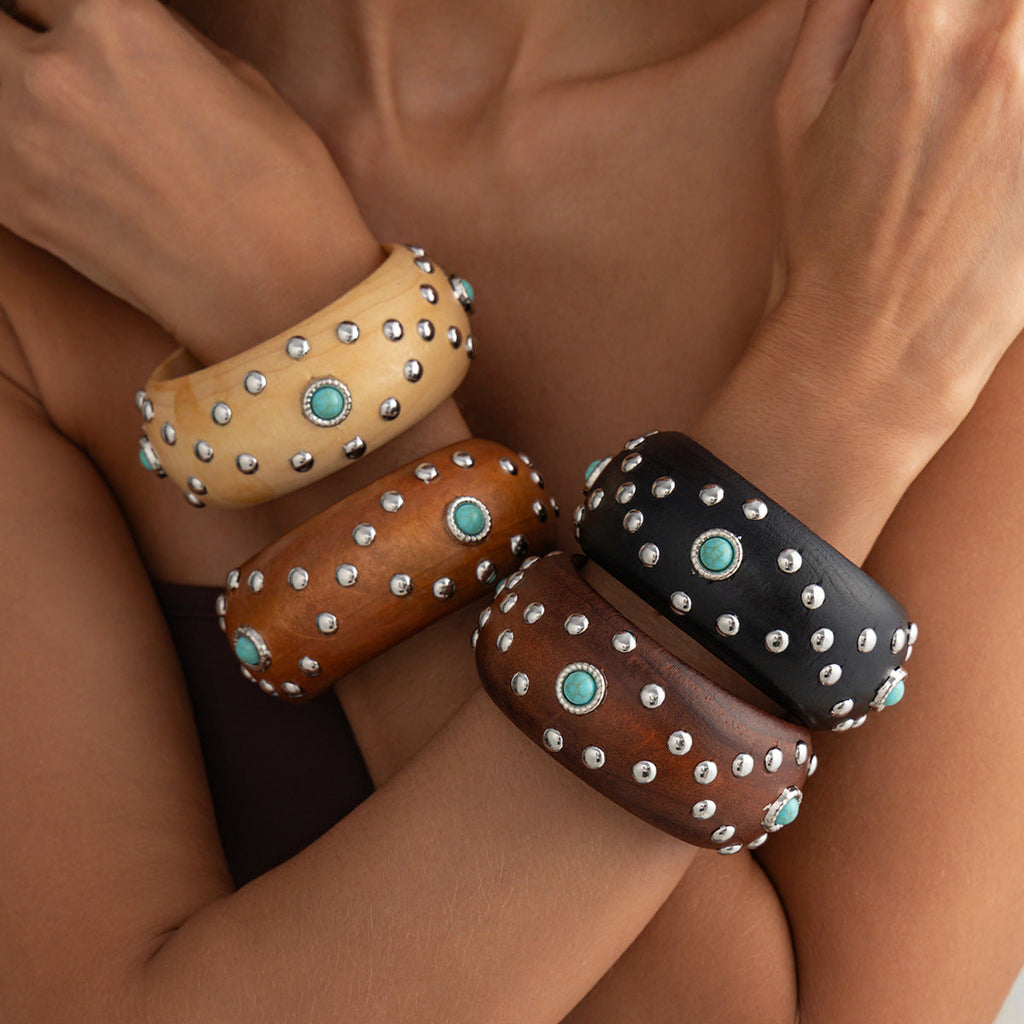 Studded Wood Wide Bangle — bracelet, view 3