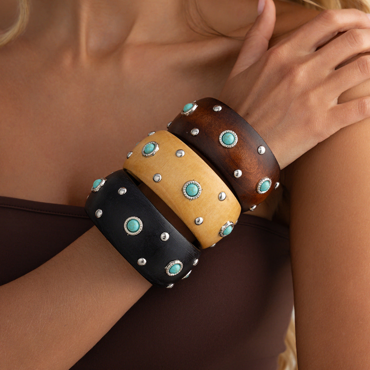 Studded Wood Wide Bangle — bracelet, view 4