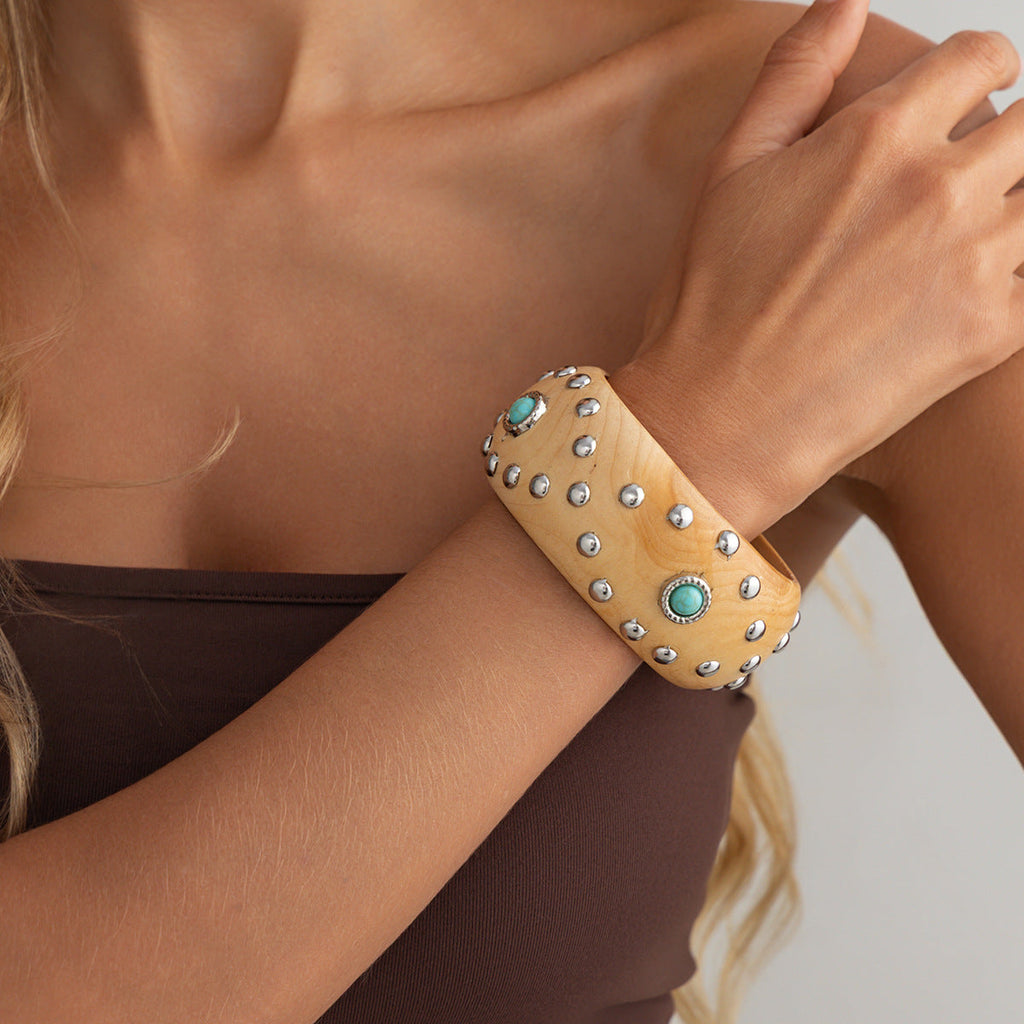Studded Wood Wide Bangle — bracelet, view 6