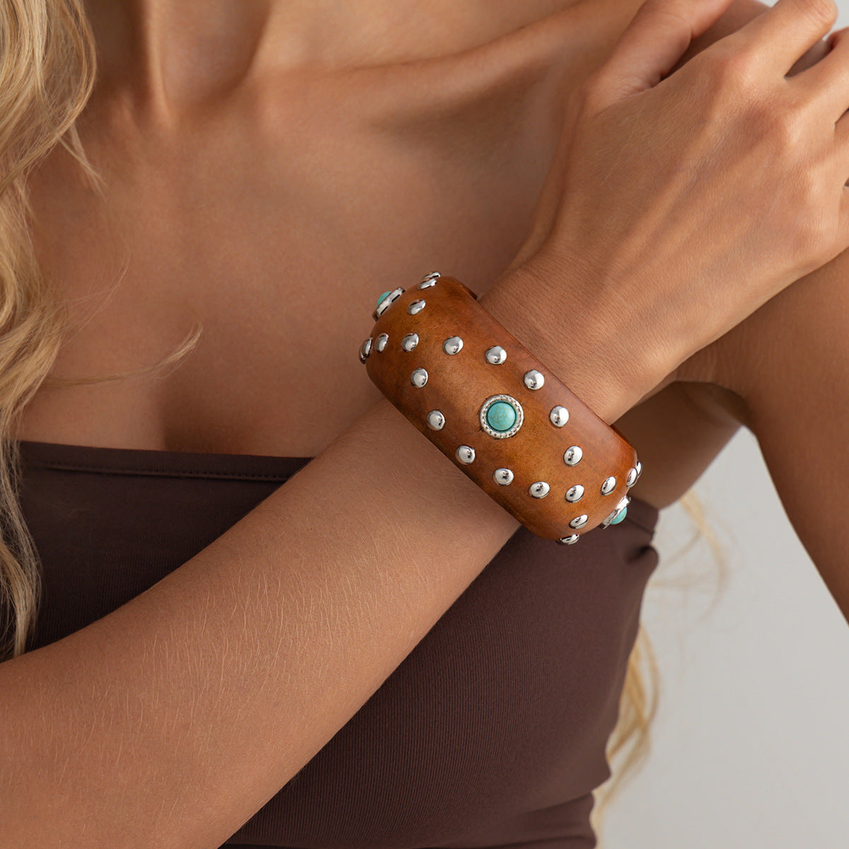 Studded Wood Wide Bangle — bracelet, view 7