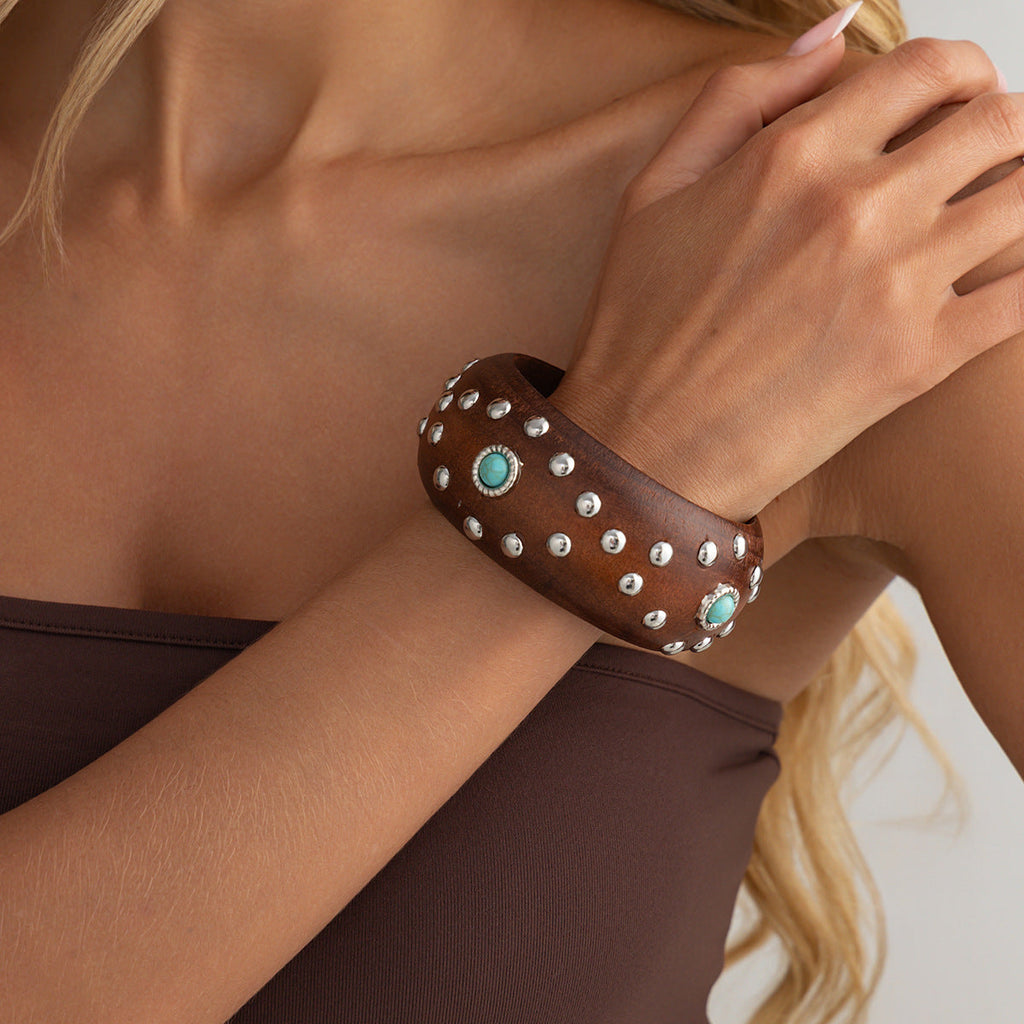 Studded Wood Wide Bangle — bracelet, view 8