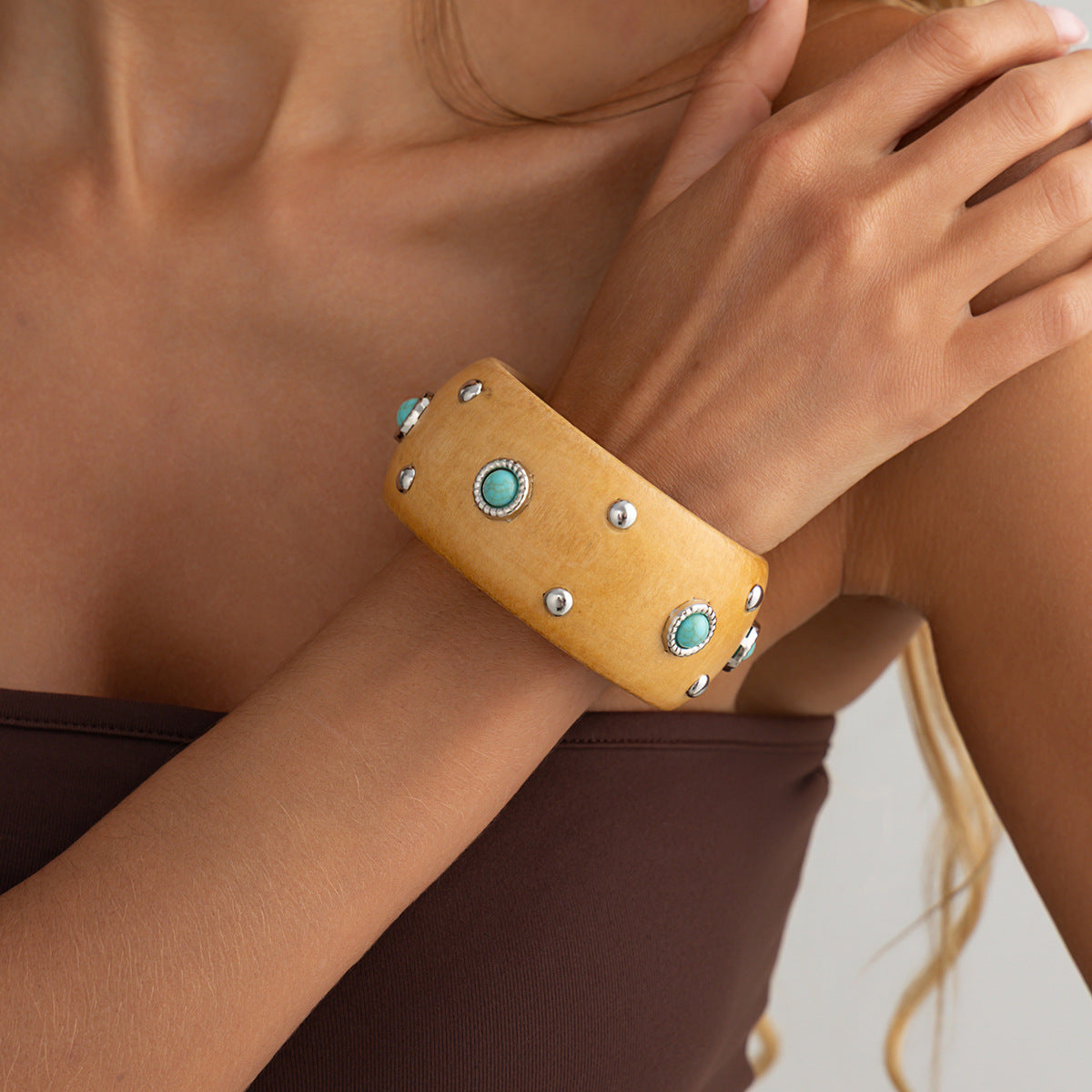Studded Wood Wide Bangle — bracelet, view 10