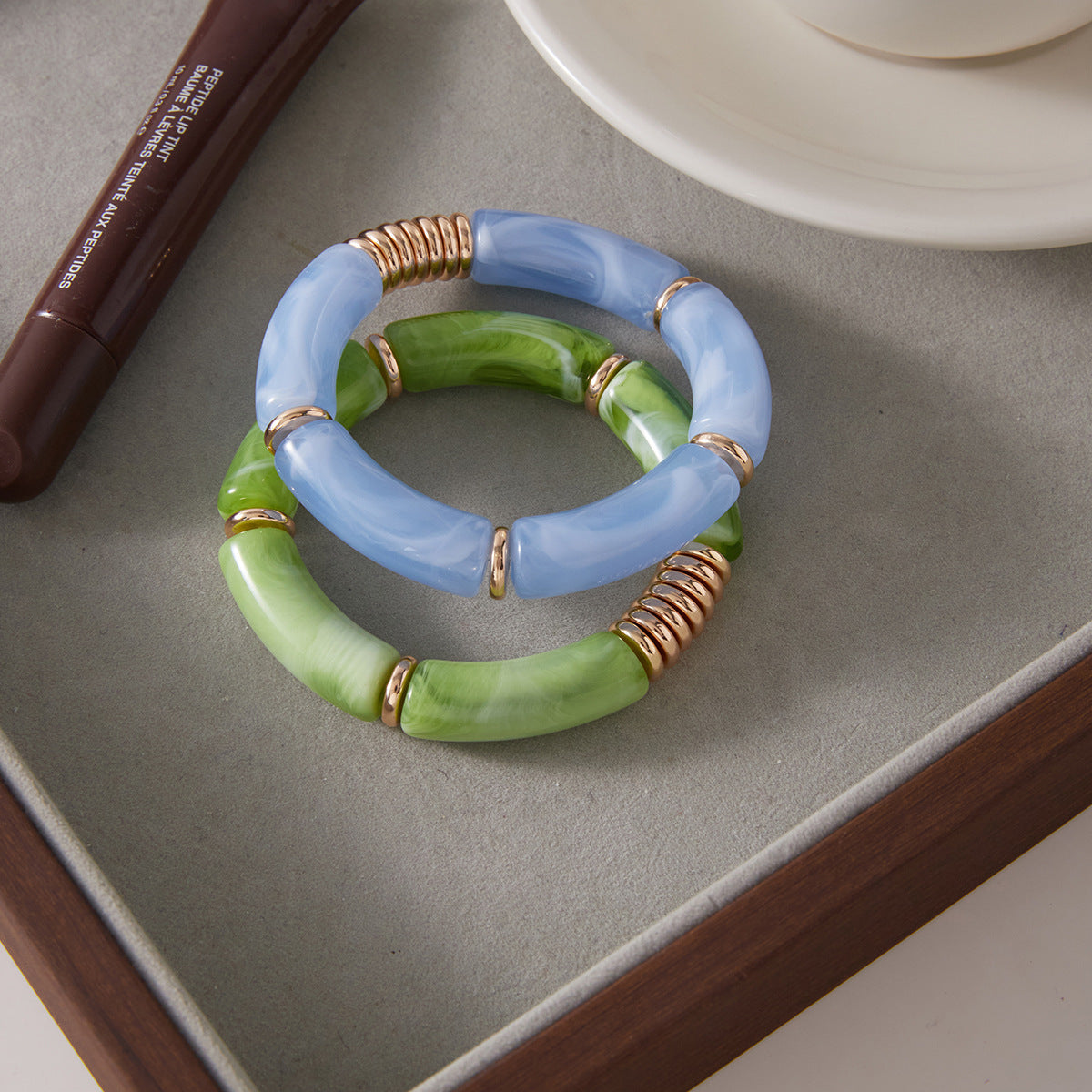 Bamboo Tube Curved Bangle — blue green bracelet, view 2