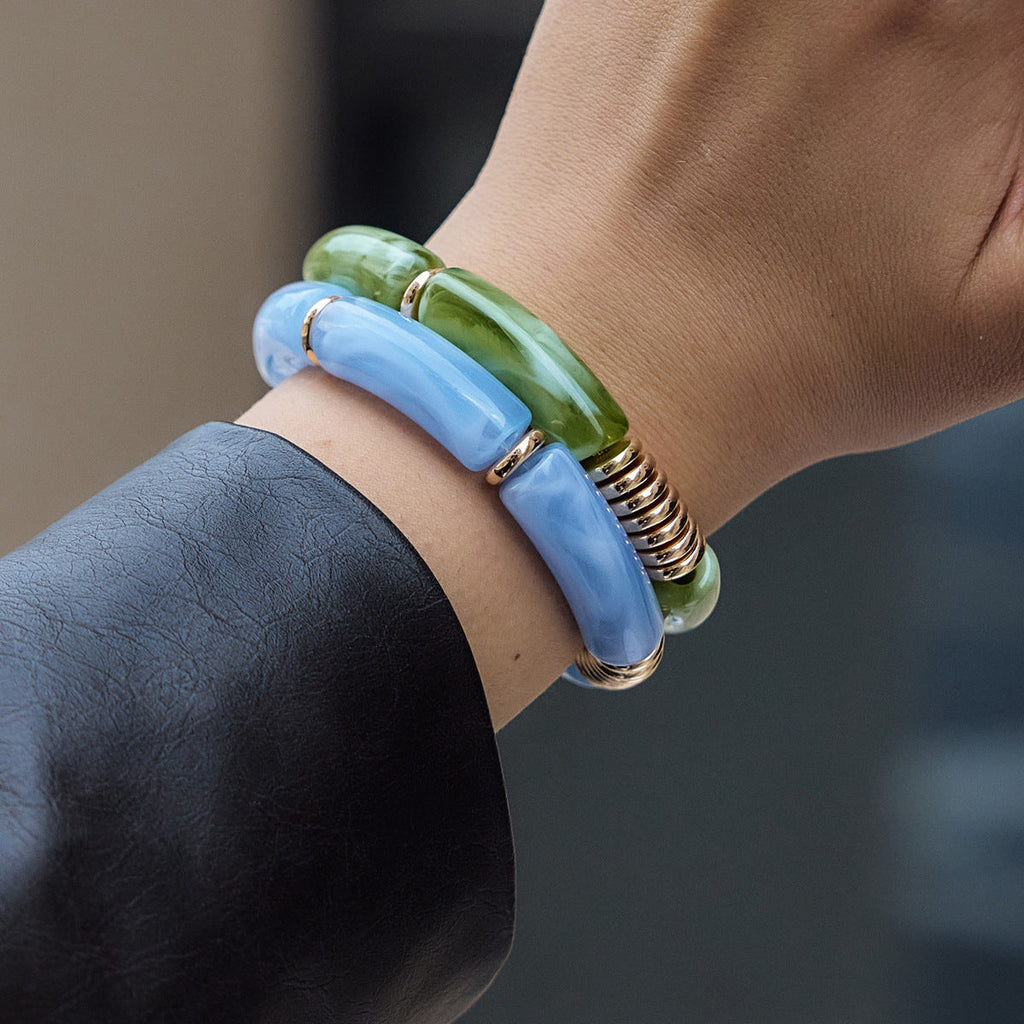Bamboo Tube Curved Bangle — blue green bracelet, view 5