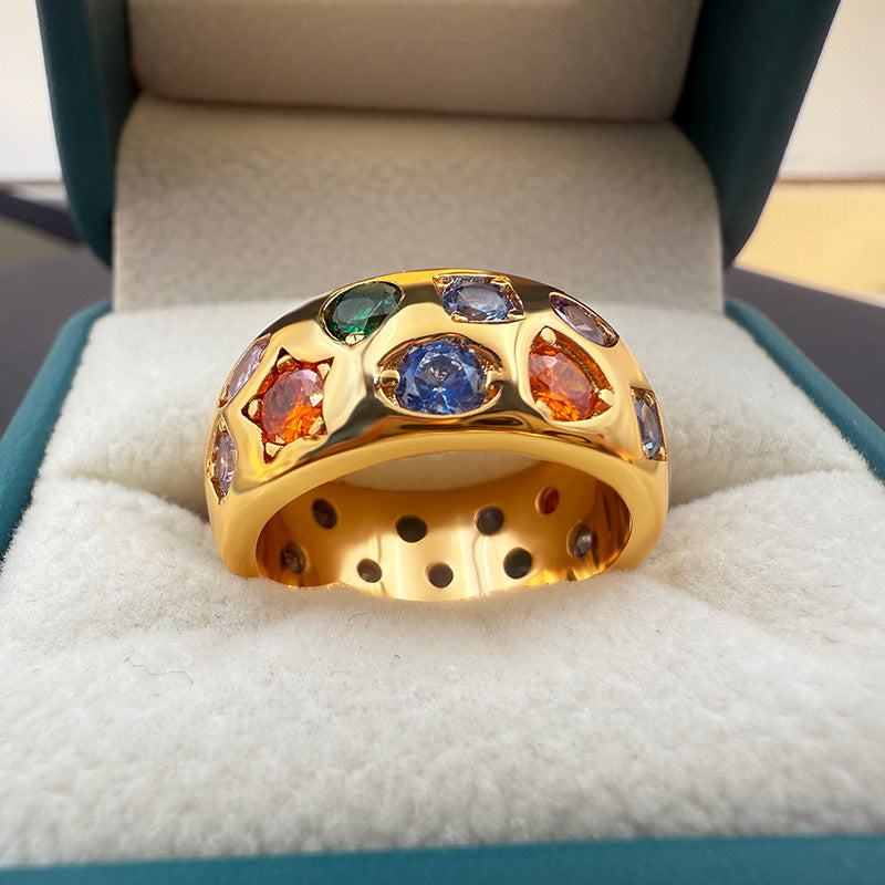 Colourful Zirconia Wide Band Ring — gold ring, view 9