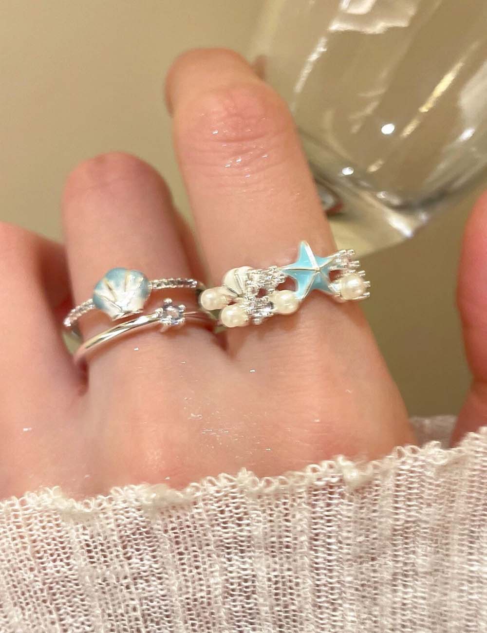 Starfish Shell Charm Ring — blue ring