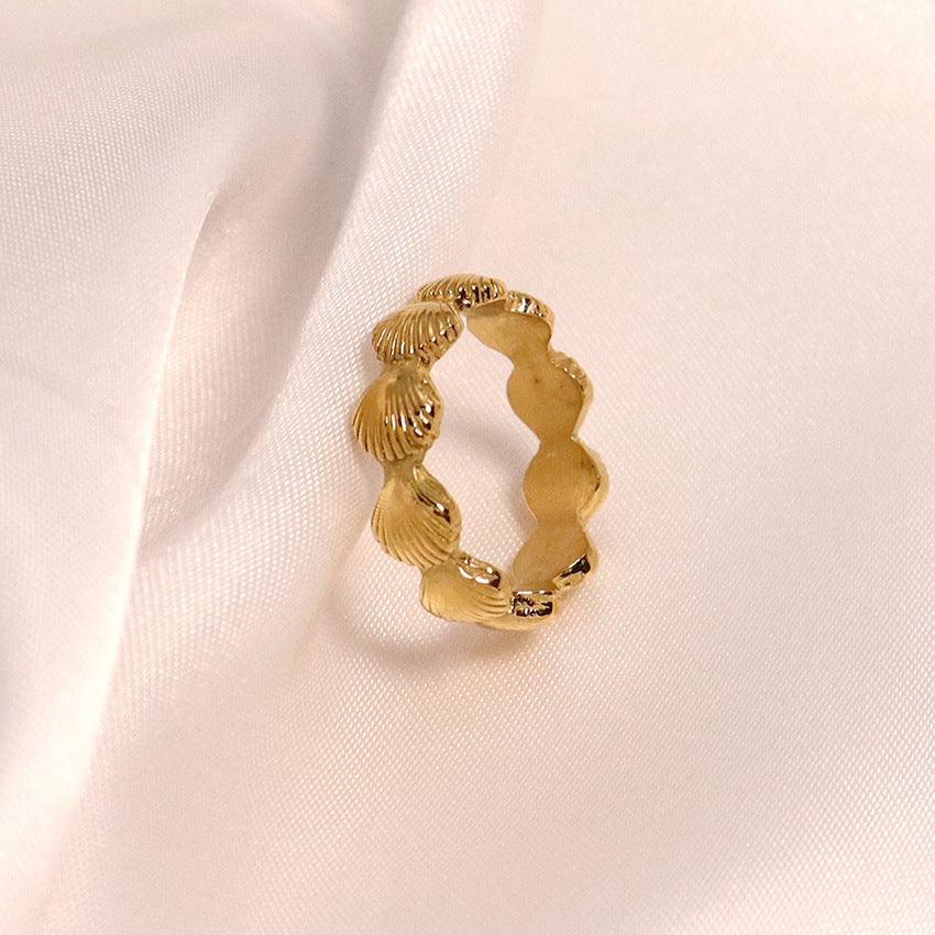 Shell Accent Statement Band Ring — gold ring, view 2