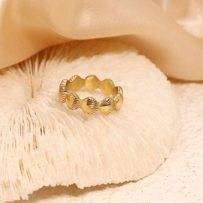 Shell Accent Statement Band Ring — gold ring, view 3
