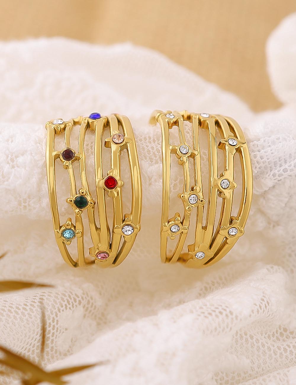 Multi-Layered Rhinestone Steel Ring — gold ring