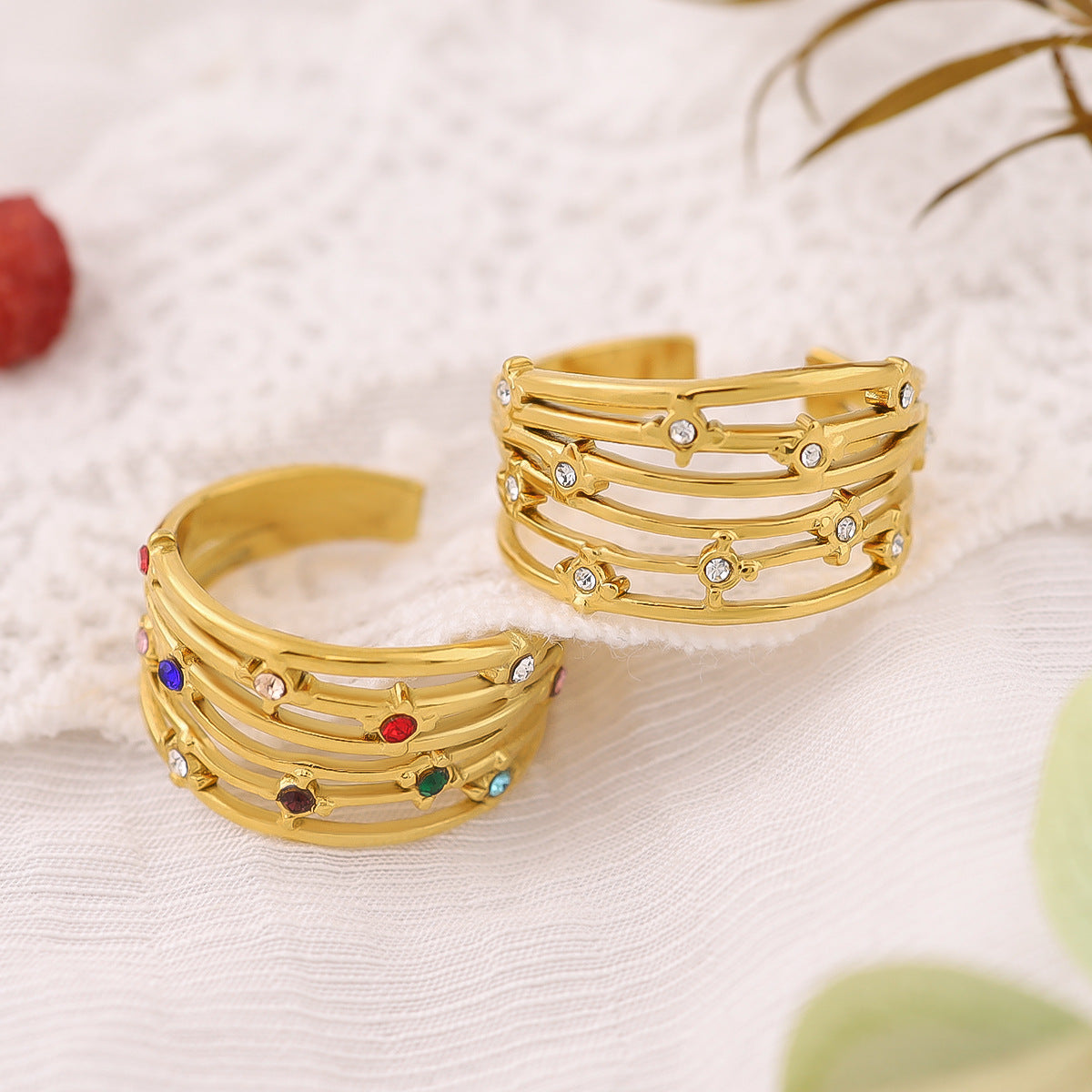 Multi-Layered Rhinestone Steel Ring — gold ring, view 2