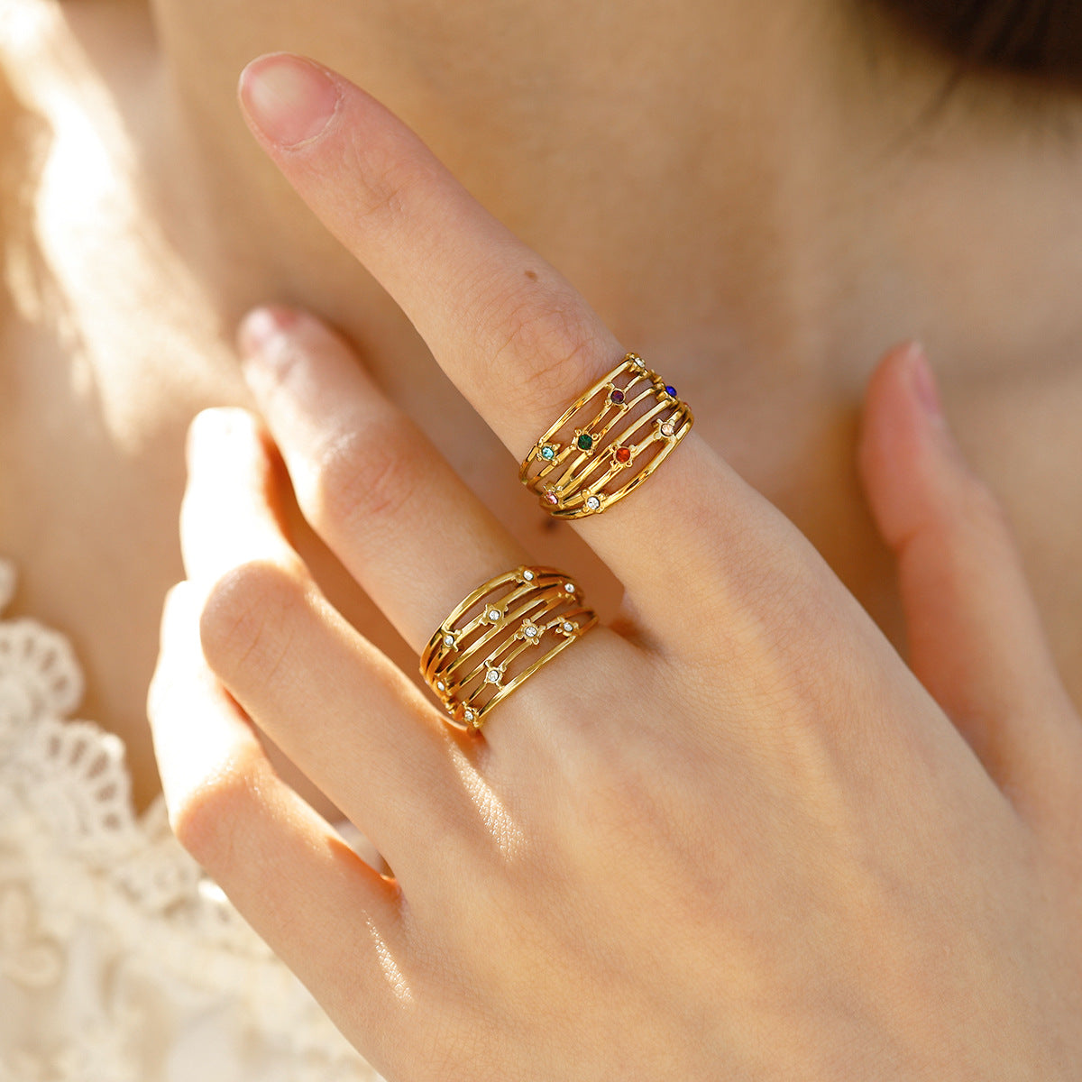 Multi-Layered Rhinestone Steel Ring — gold ring, view 3