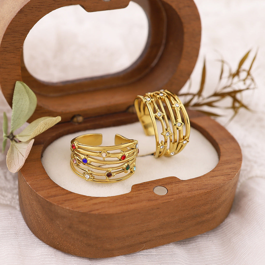 Multi-Layered Rhinestone Steel Ring — gold ring, view 4