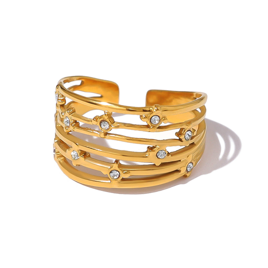 Multi-Layered Rhinestone Steel Ring — gold ring, view 5