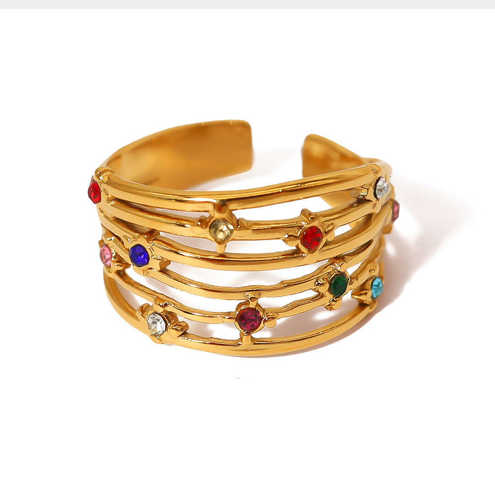 Multi-Layered Rhinestone Steel Ring — gold ring, view 6