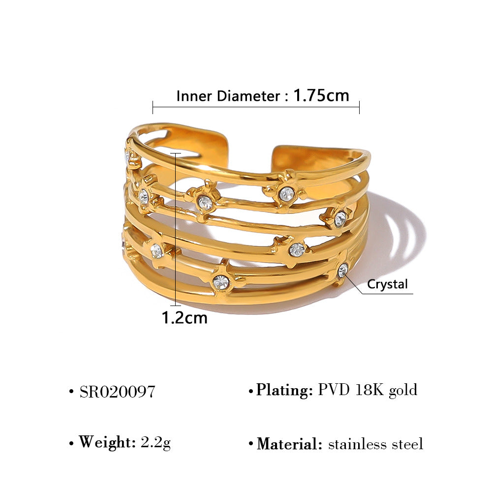 Multi-Layered Rhinestone Steel Ring — gold ring, view 7