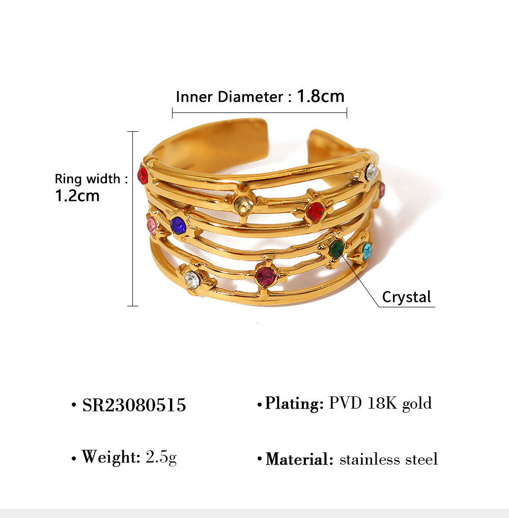 Multi-Layered Rhinestone Steel Ring — gold ring, view 8