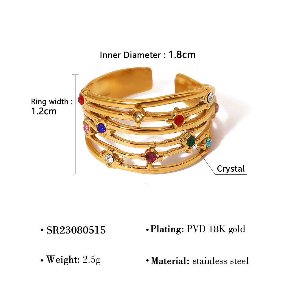 Multi-Layered Rhinestone Steel Ring — gold ring, view 9