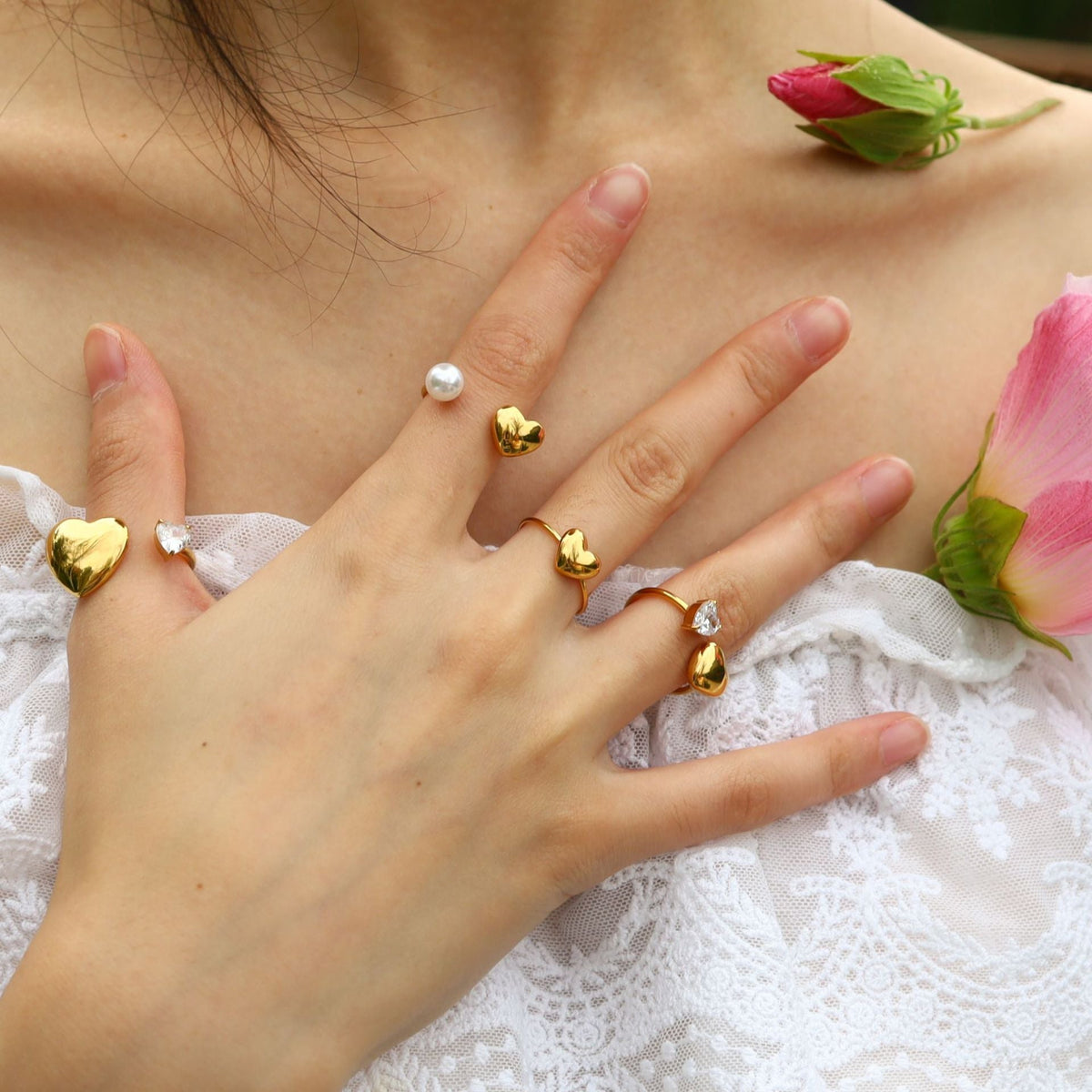Gold-Tone Pearl Heart Ring — ring, view 4