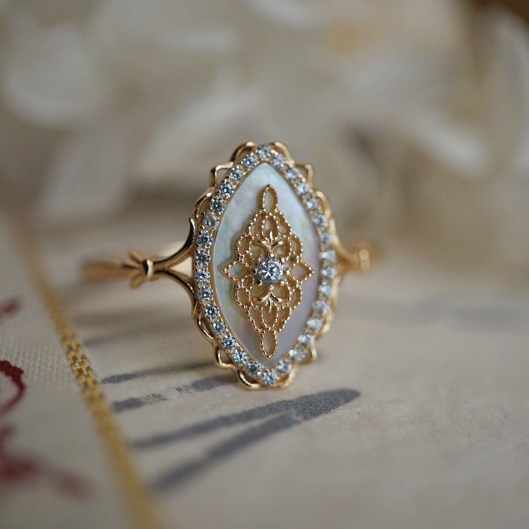 Hollow-Out Floral Motif Ring — gold ring, view 2