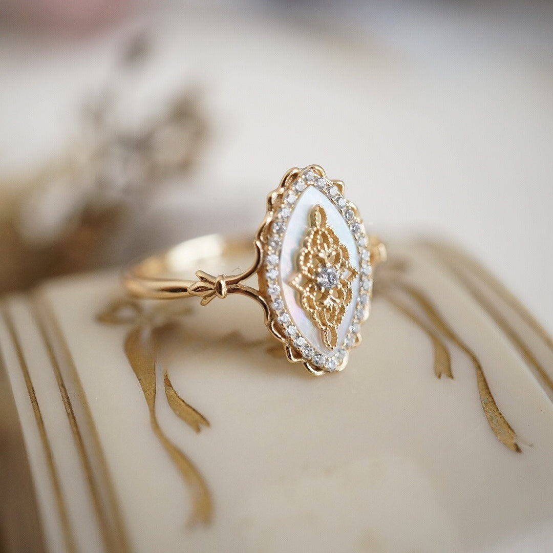 Hollow-Out Floral Motif Ring — gold ring, view 3