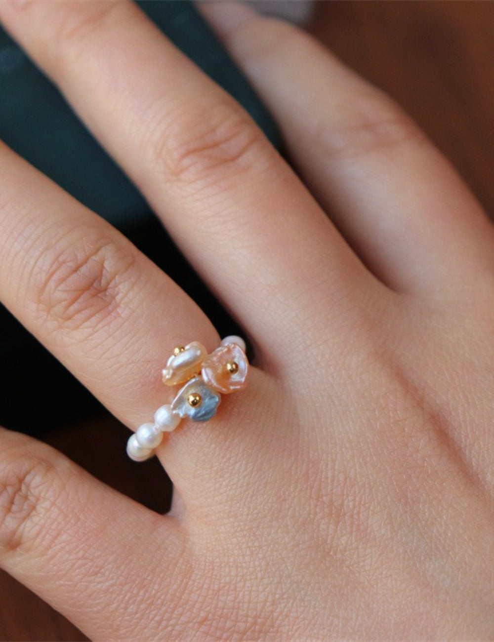 Beaded Flower Statement Ring — white ring