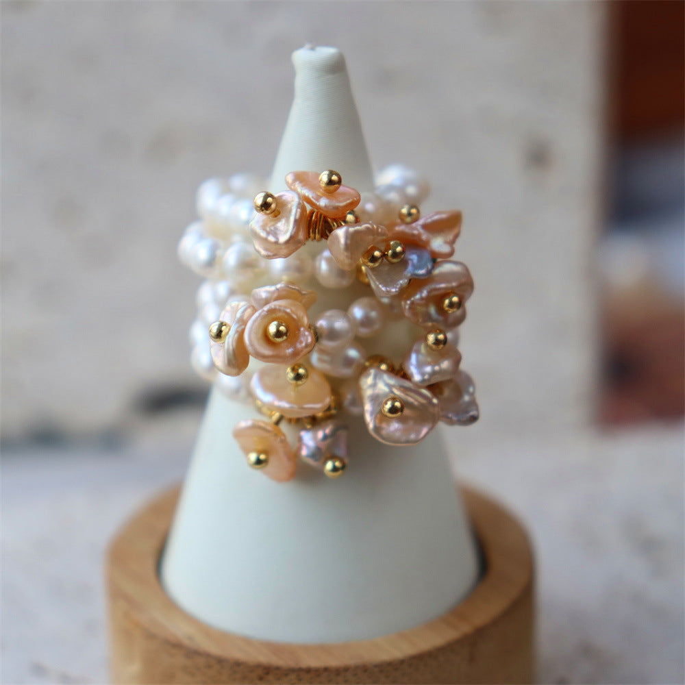 Beaded Flower Statement Ring — white ring, view 4
