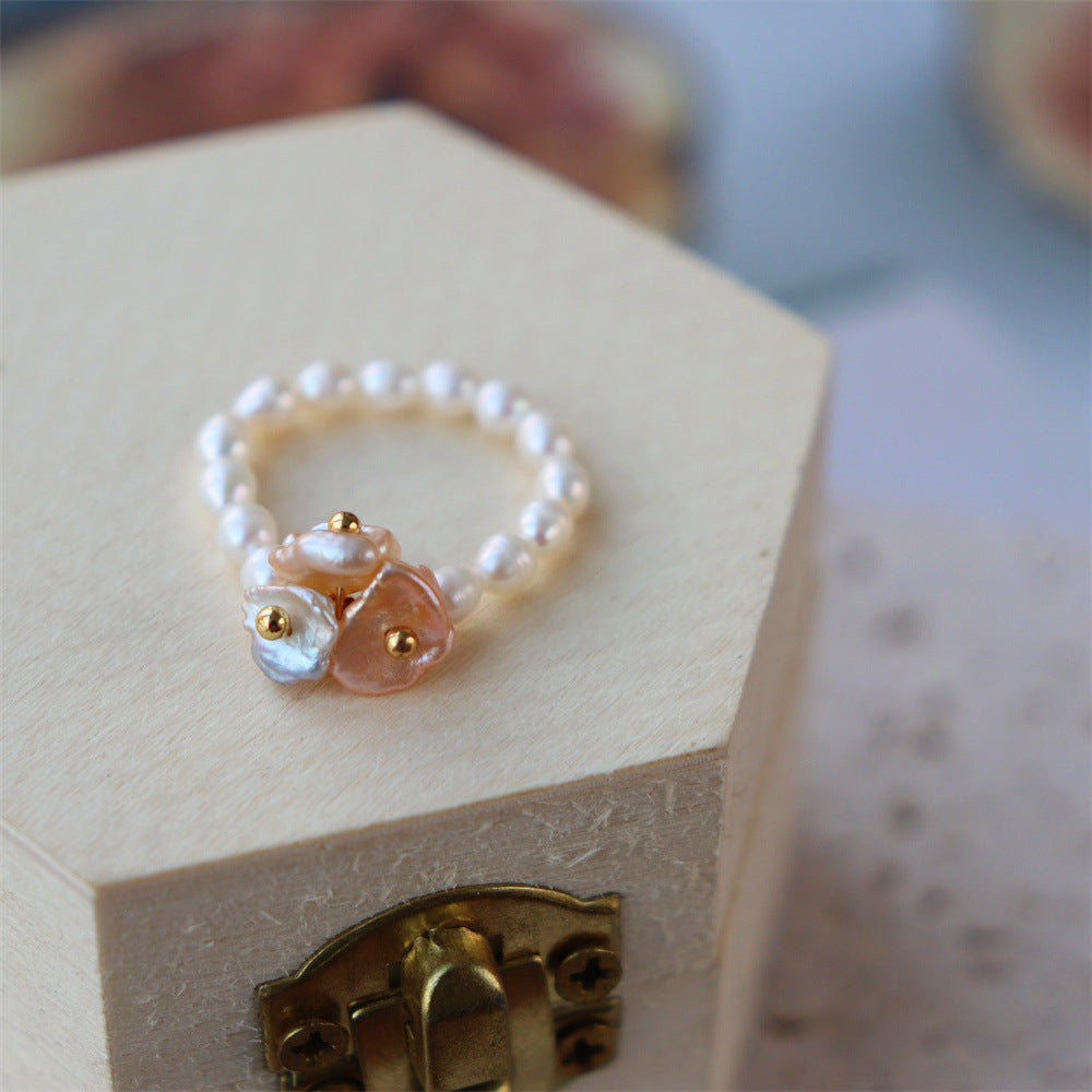 Beaded Flower Statement Ring — white ring, view 6