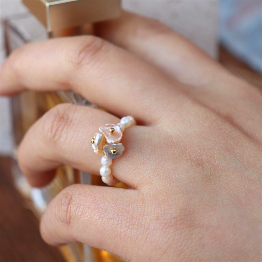 Beaded Flower Statement Ring — white ring, view 7