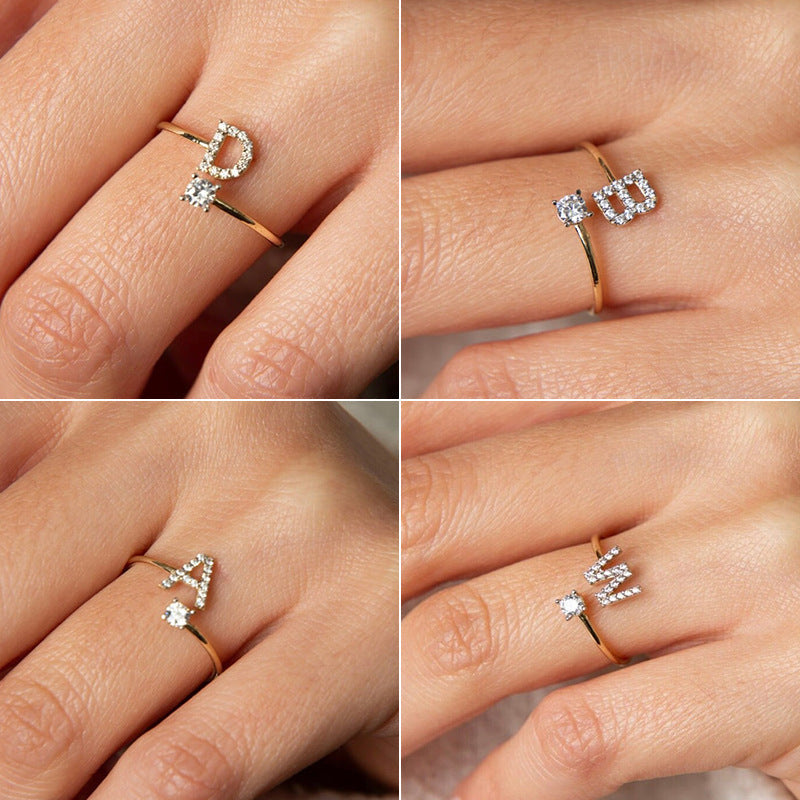 Rhinestone Initial Letter Open Ring — ring, view 2