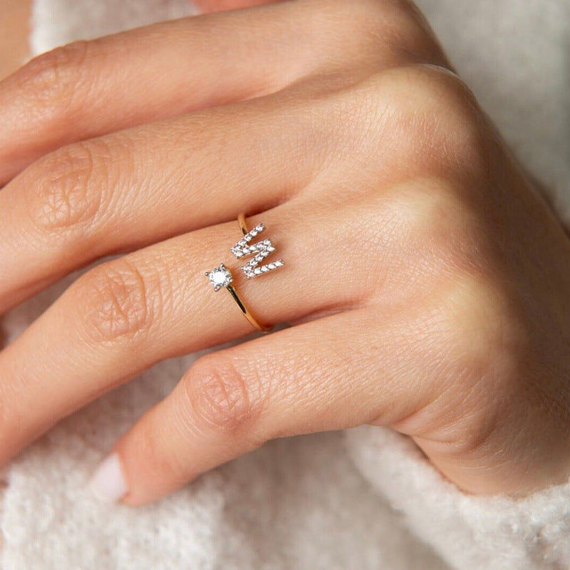 Rhinestone Initial Letter Open Ring — ring, view 3