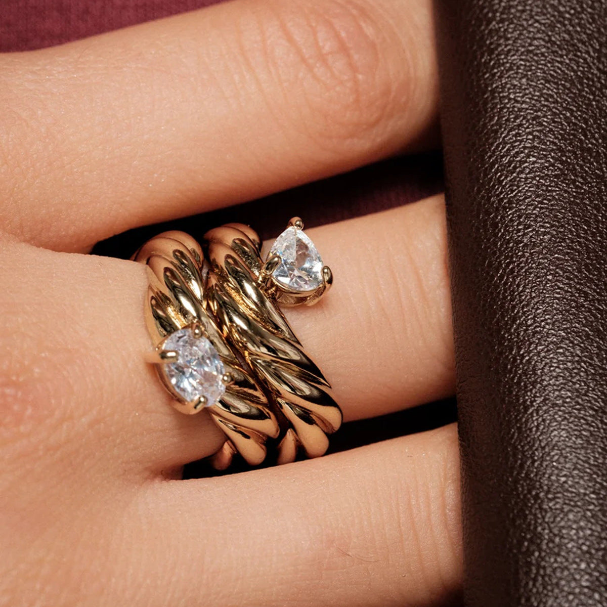 Twist Design Zirconia Ring — gold ring, view 2
