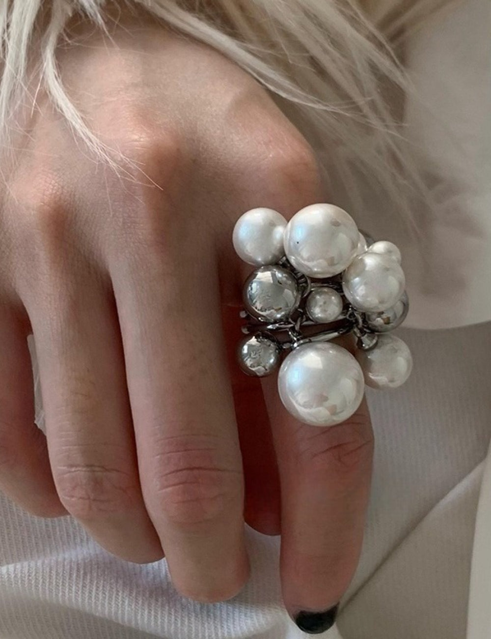 Double Layer Pearl Statement Ring — silver ring