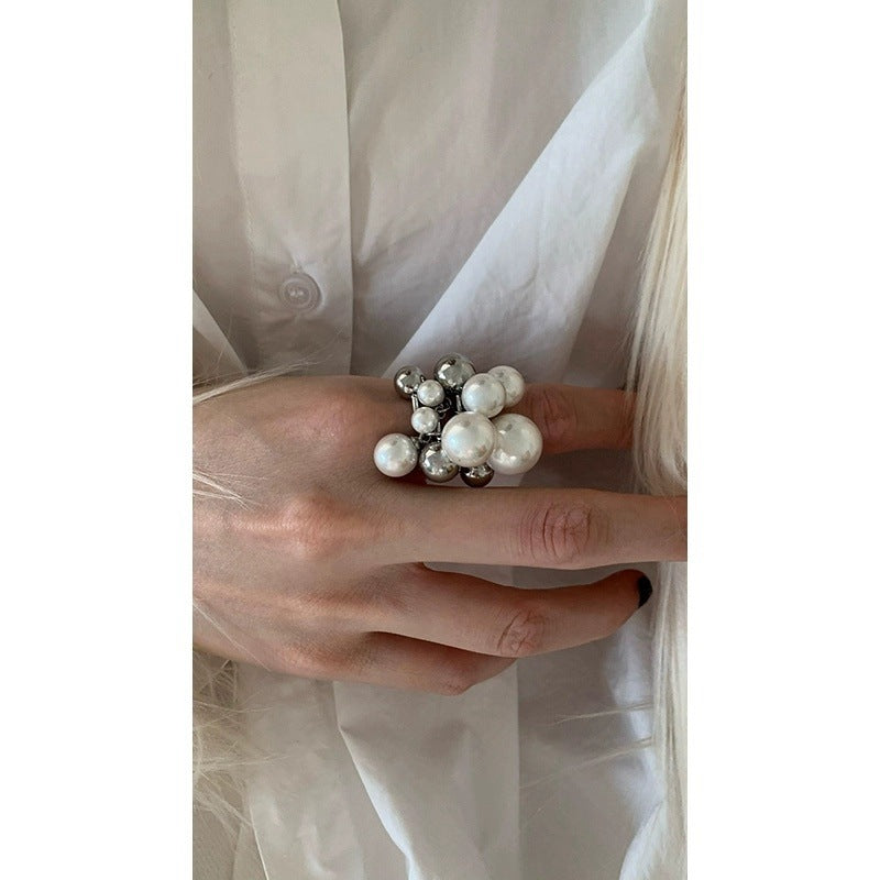 Double Layer Pearl Statement Ring — silver ring, view 2