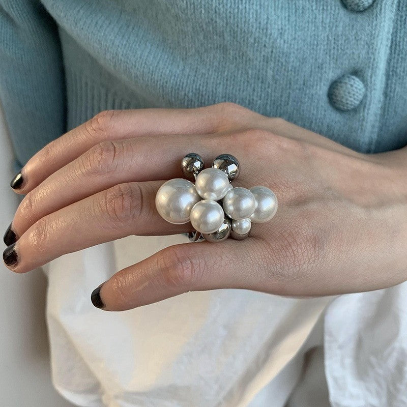 Double Layer Pearl Statement Ring — silver ring, view 3