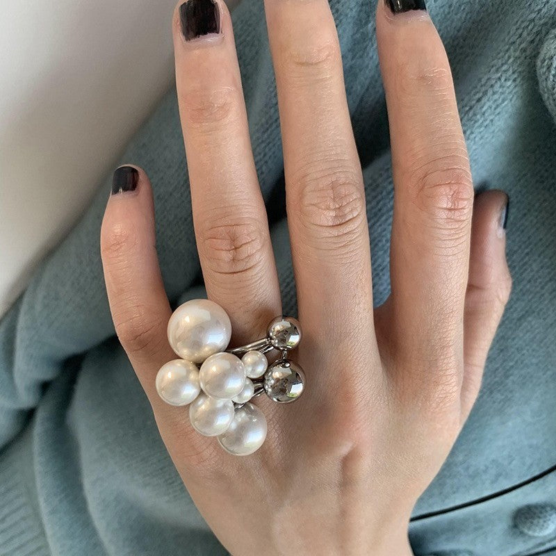 Double Layer Pearl Statement Ring — silver ring, view 4