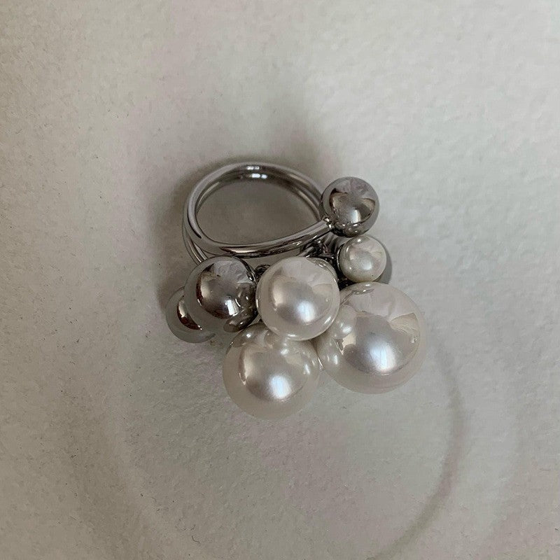 Double Layer Pearl Statement Ring — silver ring, view 5