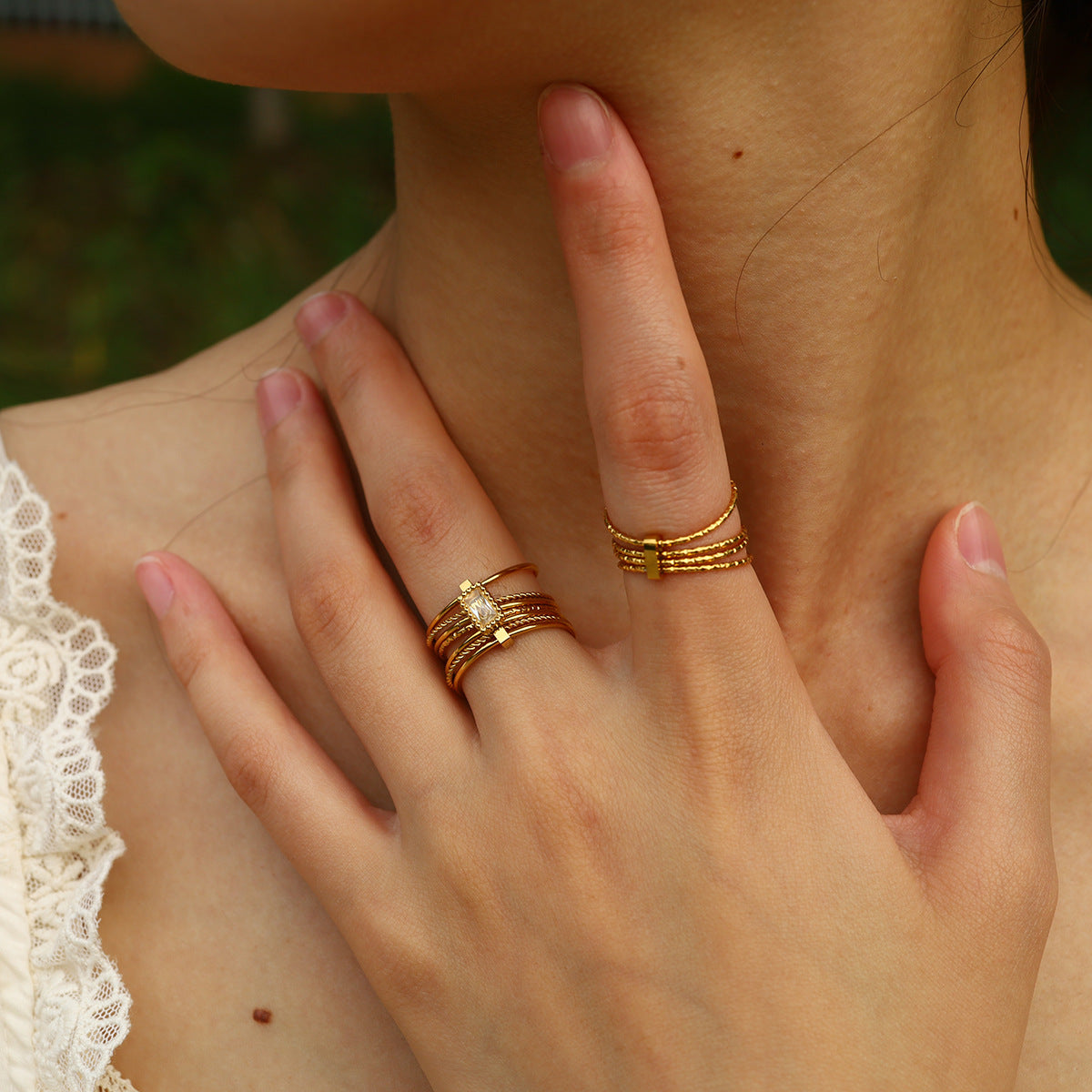 Twisted Layered Zirconia Ring — gold ring, view 2