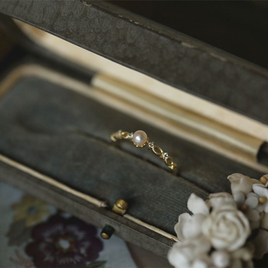 Hollow-Out Pearl Open Ring — gold ring, view 2