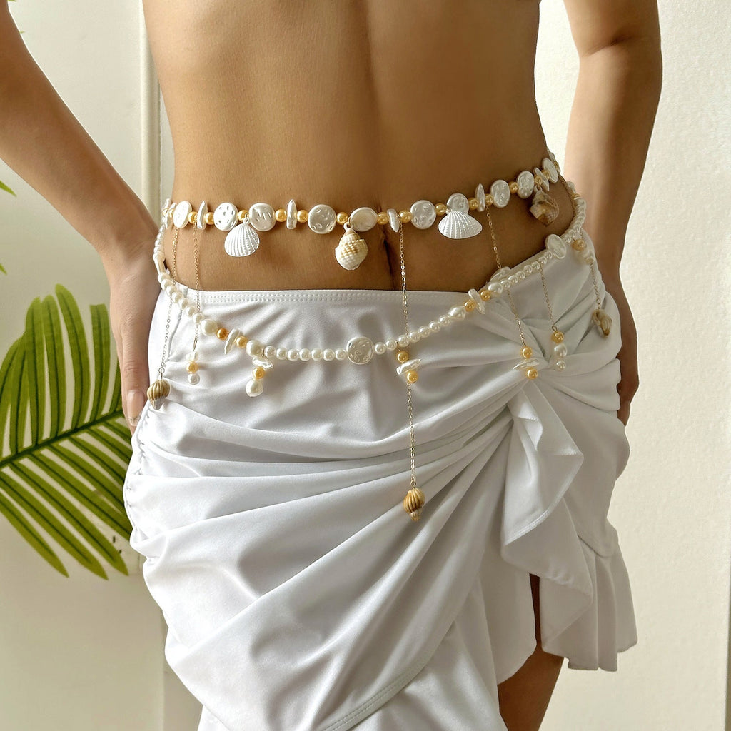Double-Layered Beaded Shell Waist Chain — gold body chain, view 9