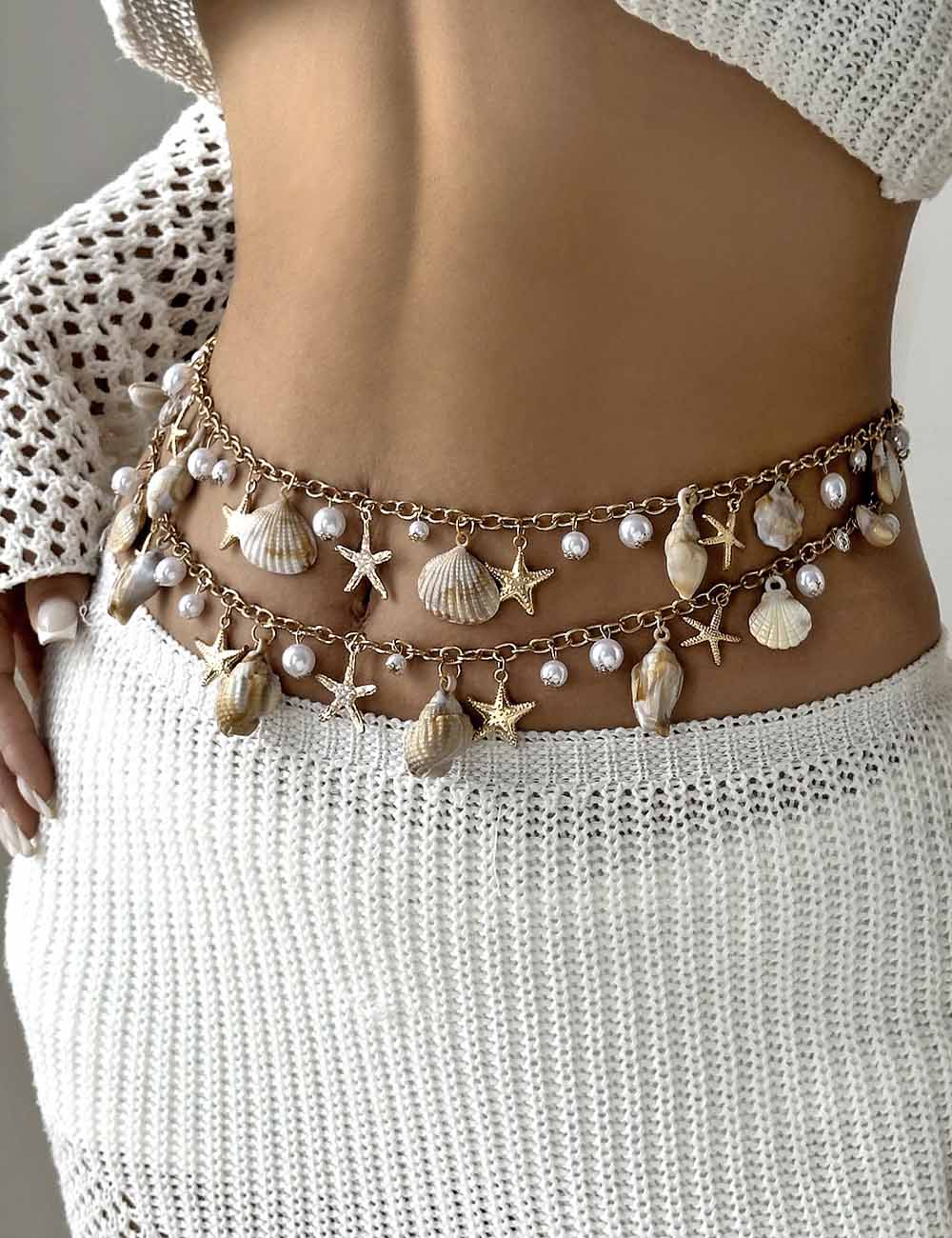 Shell Charm Layered Waist Chain — gold body chain