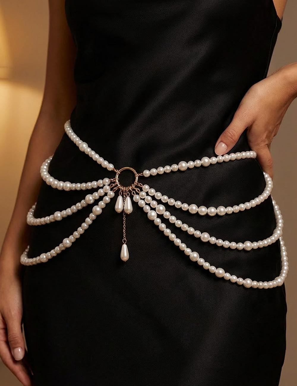 Pearl Tassel Multi-Layer Waist Chain — white body chain