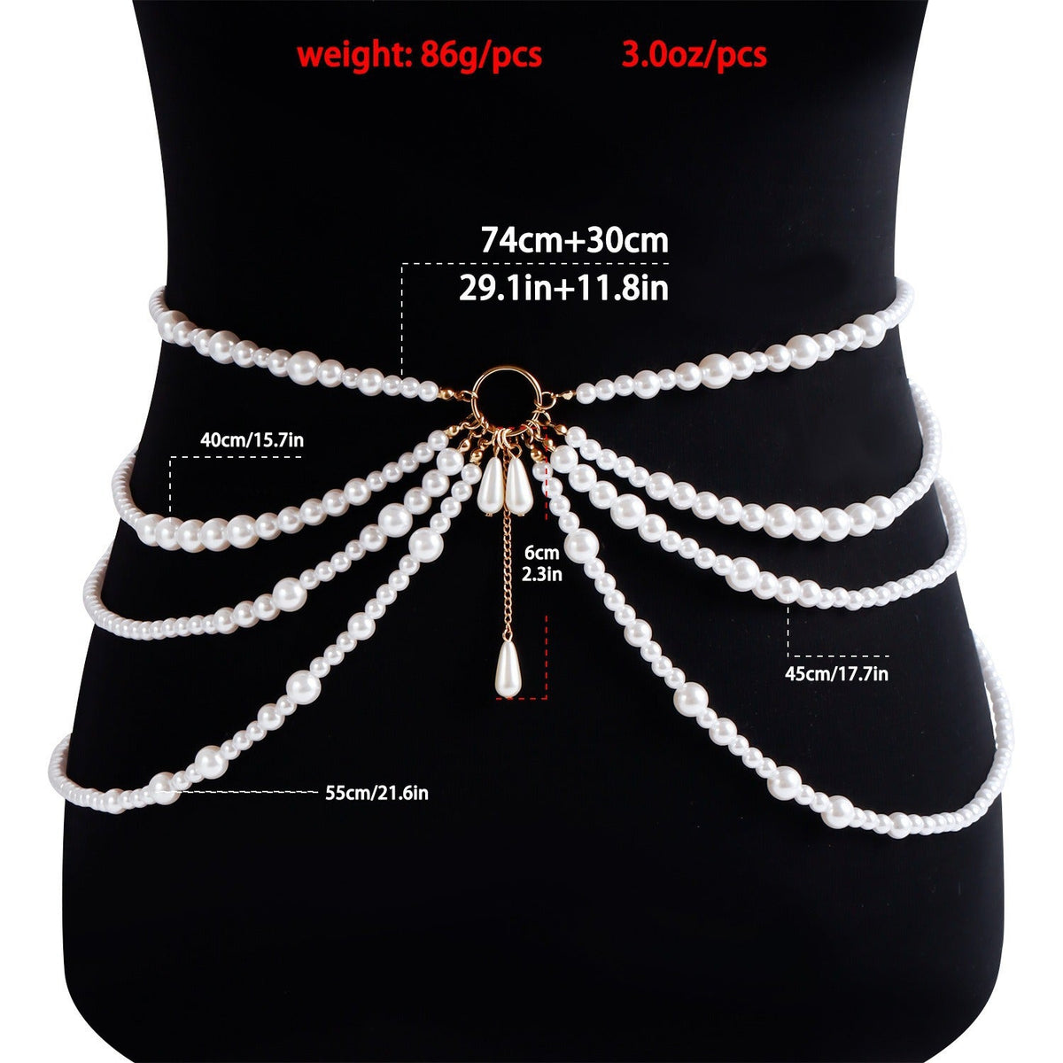 Pearl Tassel Multi-Layer Waist Chain — white body chain, view 6