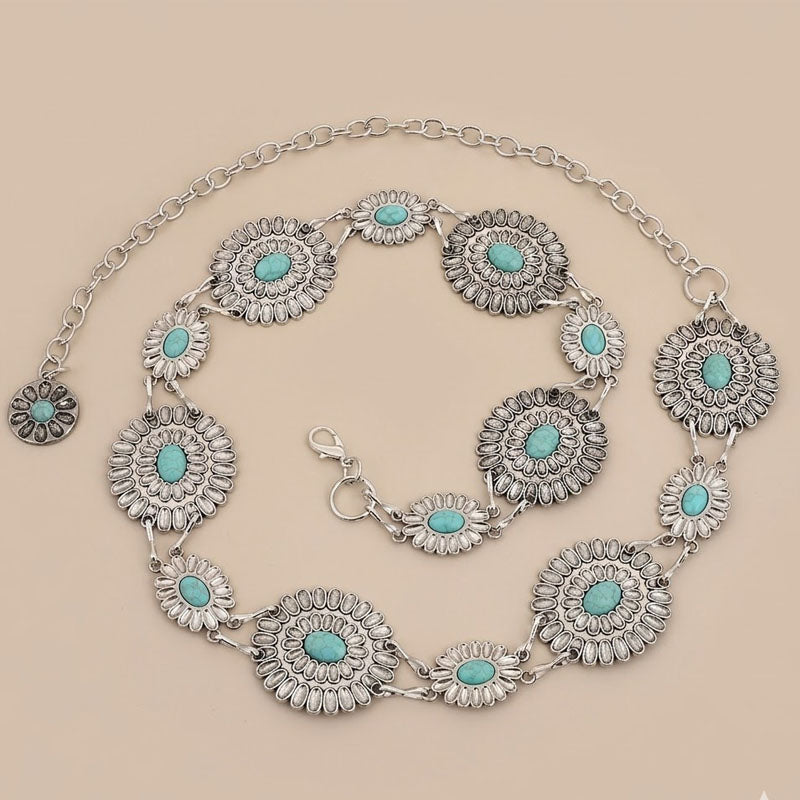 Turquoise Concho Waist Chain — silver body chain, view 2