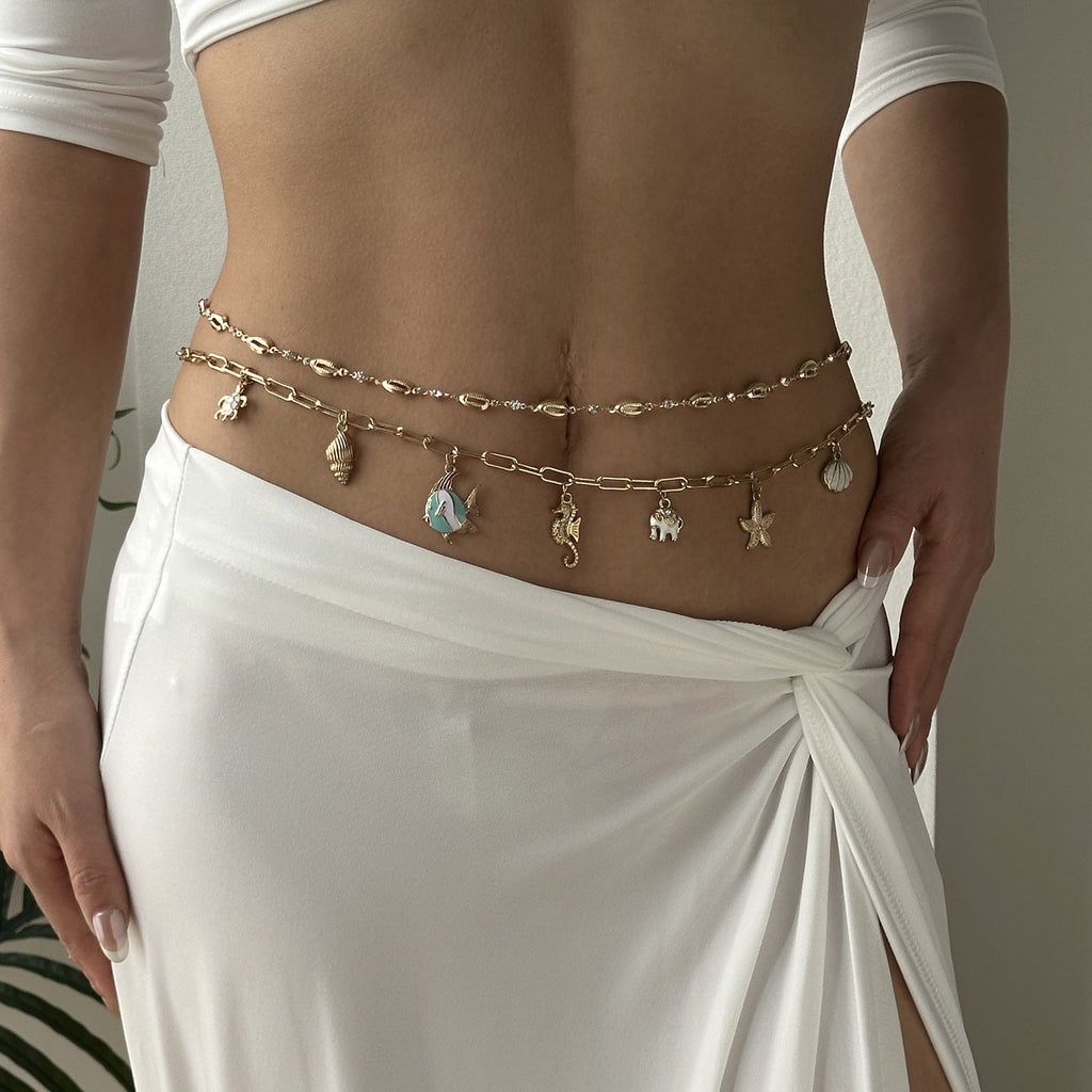 Layered Starfish Shell Waist Chain — gold body chain, view 2