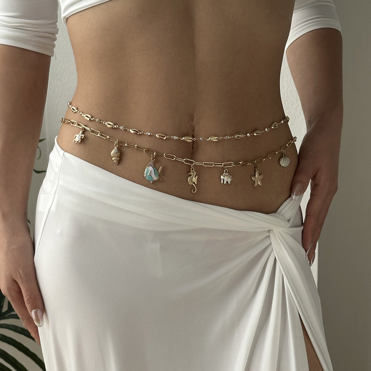 Layered Starfish Shell Waist Chain — gold body chain, view 2