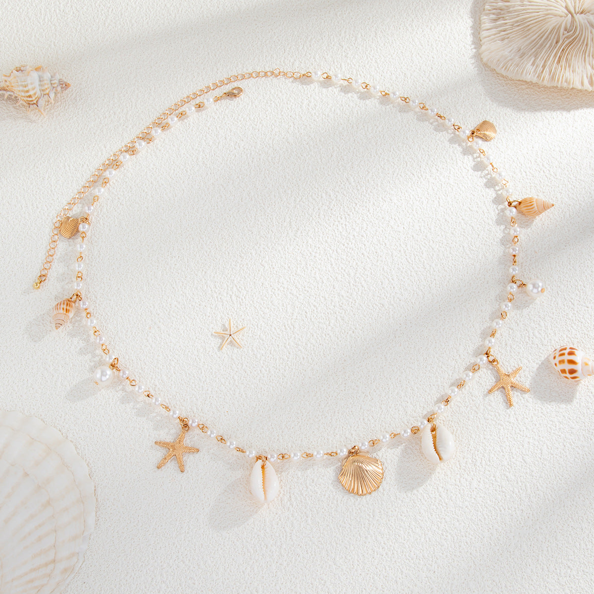 Beaded Shell and Starfish Waist Chain — gold body chain, view 5