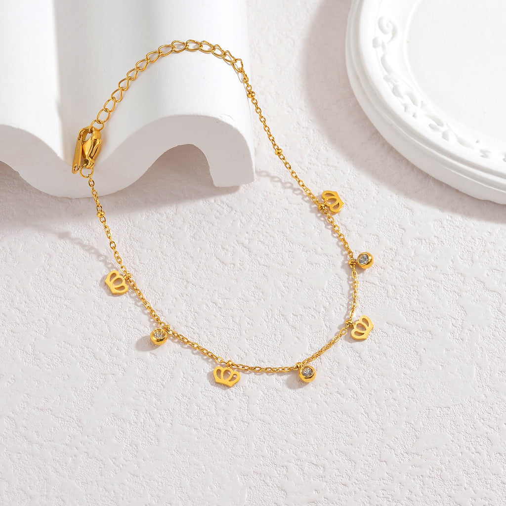 Crown Zirconia Anklet in Gold — gold anklet, view 3